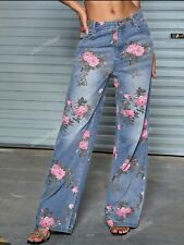 Boot-Cut Hose mit Hoher Taille Jeans Denim-Optik Blumen Gerades Bein Knopf XS-XL