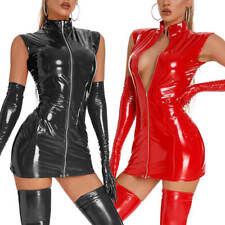 Damen PVC Leder Wetlook Ärmellose Bodycon Minikleid Glänzend Strümpfe Handschuhe