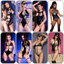 Leder Catsuit Wetlook Nieten Lack Latex Body Schwarz Ouvert Gothic BDSM Fetisch 