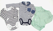 H&M 3x Baby-Body Langarmbody Jungen Gr. 68 weiß blau grün gestreift Wickelbody