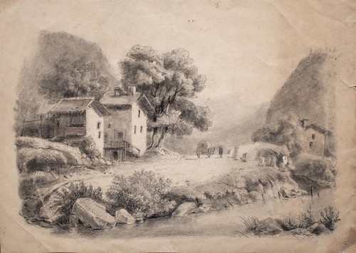 Flußlandschaft mit gehöft - flußlandschaft,
