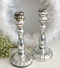2 er Set großer Kerzenleuchter Kerzenständer  Bauernsilber Glas Silber, 24 cm