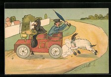 Künstler-AK Auto wird von einem wilden Ziegenbock verfolgt 1906 