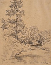 Minna Stocks Landschaft Weiden Wanderweg Unikat Bleistift Zeichnung 1881