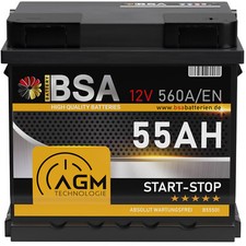 BSA AGM Batterie 12V 55Ah 560A Autobatterie Start-Stop Starterbatterie VRLA 50Ah