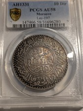 1913 / AH 1331 Marokko 10 Dirhams / 1 Rial - PCGS AU-58 - Silber - Wunderschön