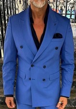 Designer Zweireiher Doppelreiher Herrenanzug Blau Breiter Spitzkragen Slim Fit