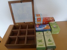 Teebeutel _Aufbewahrung  aus Holz und 6 verschiedene Sorten Tee