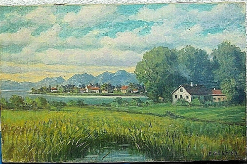 ölgemälde dorf fluß - dorf, am