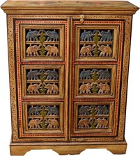Bemalter Elefantenschrank, Beistellschrank, Kommode / Sideboard mit Schnitzerei