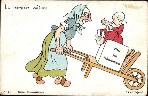 Alte frau mit - ak, schubkarre