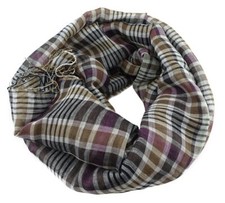 Schal in braun beige magenta grün kariert mit Fransen - Gr. 180 x 50 cm