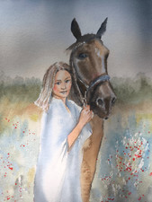 Aquarell Bild. Frau Mit Pferd. Freundschaft. Größe ca 17,5x25 cm