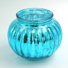 Windlicht Glas Teelichthalter Kugel mit Rillen Türkis innen silber gesprenkelt