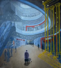 Ölbild Gisela Schellenberger Stuttgart Kaufhaus mit Personen Saturn 1980er Jahre