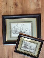 2 Original Tusche Zeichnungen Galone Farbe Sepia im Bilderrahmen