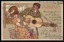 Lithographie Dame und Kavalier mit Gitarre, Jugendstil 1904 