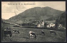 AK Au bei Berchtesgaden, Partie aus der Au mit Kirche und Bauernhof 1914 
