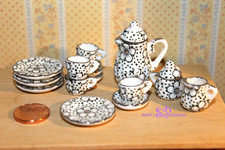 Kaffee-Service 17-teilig "Schwarz-Weiß"- Miniatur Puppenhaus, Puppenstube 1:12