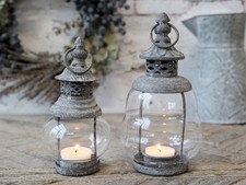 Chic Antique Laterne Hänge-Stand mit Dekor Windlicht Metall Antik Zink 2 Größen