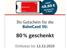 BahnCard 50 - 80 % Rabatt - BC50 DB Bahn Card Gutschein Ecoupon Code