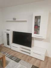 Wohnwand Weiß, Moderner TV Lowboard, Holz, Schrankwand Mediawand