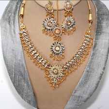 Schmuckset Collier Ohrringe Tikka Gold Weiß Bollywood Kundan Brautschmuck Indien