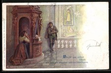 Künstler-AK E. Döcker: Frau beichtet im Beichtstuhl 1900 