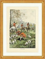 E. Zimmer Halali Jagdhorn Pferde Hunde Reiter coloriert Holzstich E 8918 Gerahmt