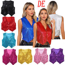 DE Damen Glitter Weste Pailletten Jacke Ärmellose Anzugweste Tanktop Halloween