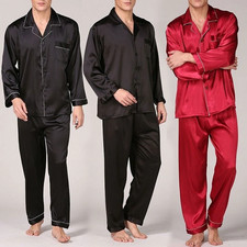 2PCS Herren Seide Satin Schlafanzug Pyjama Satz Lang Arm Nachtwäsche Pyjama