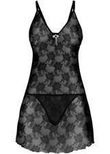 2-tlg Negligé + String Gr. 48/50 Schwarz Damen-Spitzen-Dessous-Nachtkleid Neu