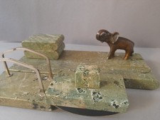 Alte Schreibtischgarnitur -grüner Marmor - Figur - Elefant