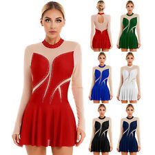 Damen Langarm Ballettkleid Eiskunstlauf Kleid mit Glitzer Strass Mesh Turnanzug