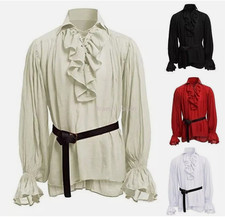 Retro Herren Gothic Hemd Oberteil Victorian Mittelalter Rüschen Pirat Puffärmel Bandage