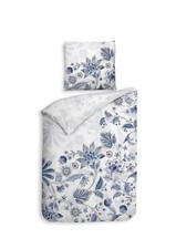 Heckett & Lane Satin Bettwäsche 135x200 Asia White Blätter Retro blau Wende