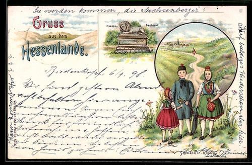 Lithographie hessen denkmal - lithographie, hessen-denkmal