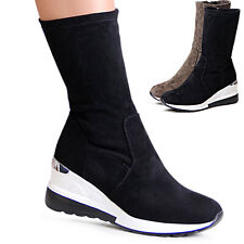 Damenschuhe Keilabsatz Stiefeletten Stretch Plateau Sneaker Stiefel Velours