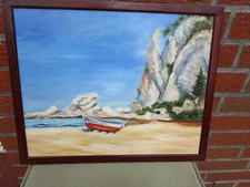 Ölgemälde Steilküste Strand mit Boot - 50x40cm - gerahmt