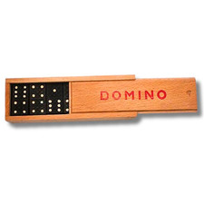 Domino im Holzkasten – klassisches Spiel, schwarze Steine mit weißen Punkten
