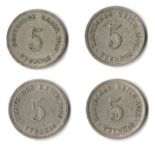 4x 5 Pfennig  Deutsches Kaiserreich Jg. 12 (1900A + 1906D + 1908A + 1911F)