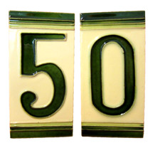 Hausnummer 50 Fünfzig Keramik Fliese Kachel weiß grün LxB 15 x 8 cm eckig  33909