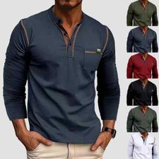 Herren T-Shirt Langarm Henley Hemdbluse Basic Shirt Langarmshirt mit Knopfleiste