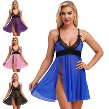 Damen Negligee Transparentes Mesh Nachthemd Spitze Babydoll Dessous Nachtkleid