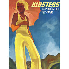 Klosters Schweiz Frau Sonnenschirm Reise Vintage Werbung Leinwand Kunstdruck Poster