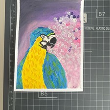 Handgemalt Acryl Karte Bild A6 Gemälde Papagei Lila Vogel Magie Lichter