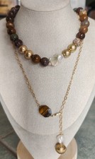 Riesig Edelsteine Bronzite & Weiß Barock Perle Halskette Set