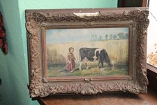 Antikes Gemälde Aquarell  Niederlande Mädchen mit Kuh Ten Kate 19.Jh.