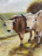 Antikes Ölgemälde Landschaft Ochsen Kühe Heuwagen Ernte Signiert