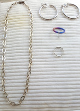 Halskette, 2 Ringe, Ohrringe Clips, 1 Ring Silber 925, Metall, klarer Stein